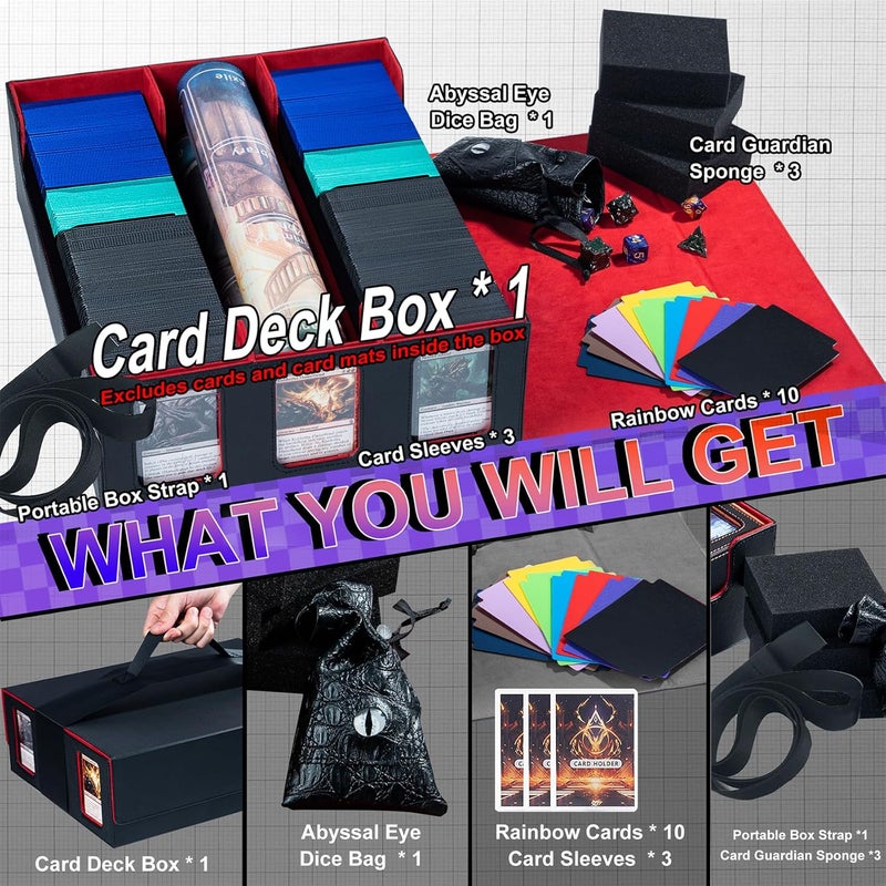 Scimi Extra Large Card Storage Box Holds 3600+ Cards Compatible with 12 Small Deck Boxes, Includes Cthulhu Dice Bag, 10 Colorful Dividers, 4 Protective Foam Pads, Perfect for MTG （Black/Red） - Image 2